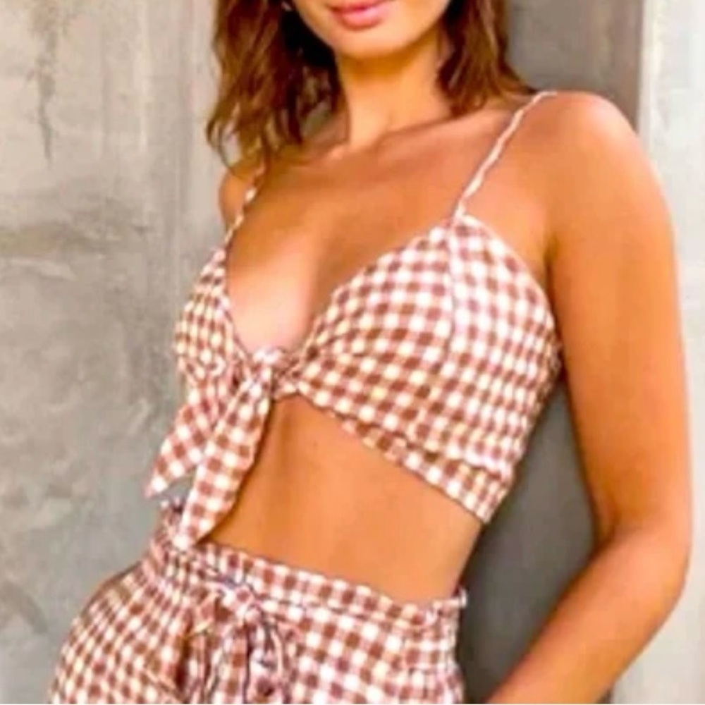 Lulus Tie Front Crop Top Midday Muse Gingham White Brown Size Medium NWT